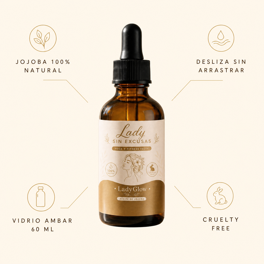 Lady Glow: jojoba natural, desliza sin arrastrar, vidrio ambar 60 ml, cruelty free