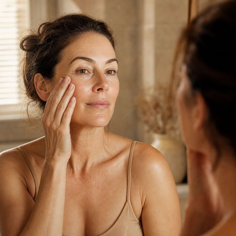Mujer haciendo gimnasia facial con Lady Glow