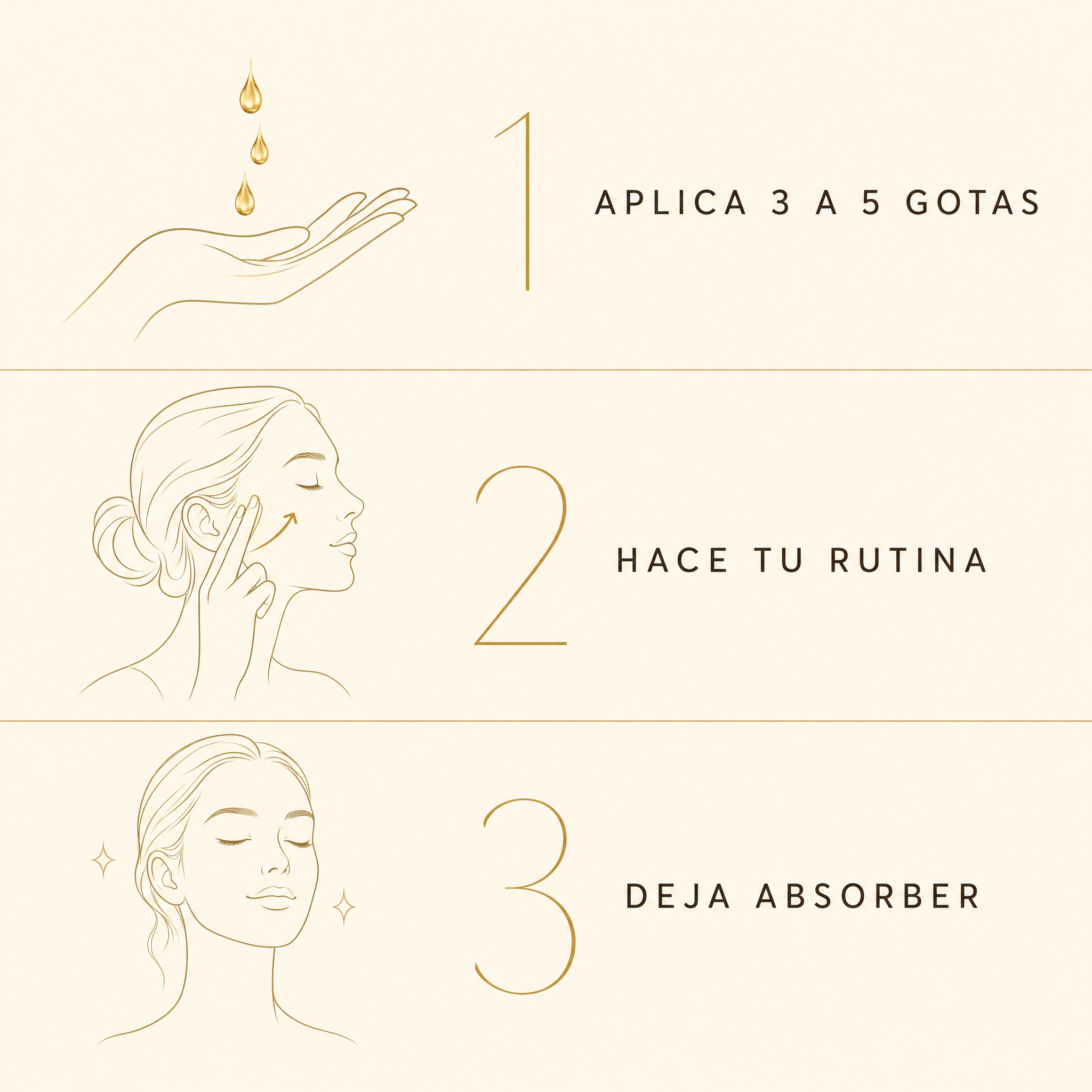 Modo de uso: aplica 3 a 5 gotas, hace tu rutina, deja absorber